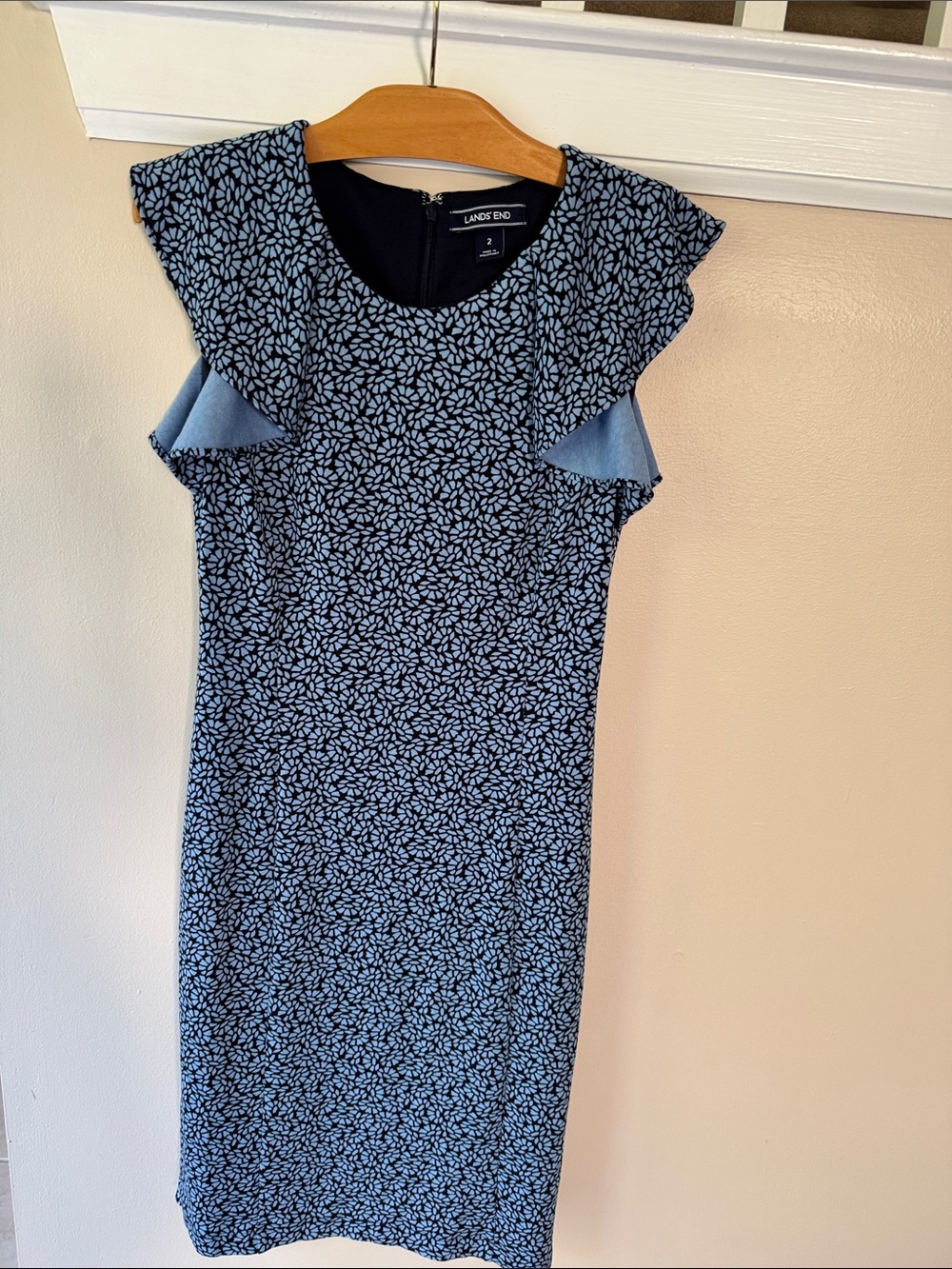 Lands' End Navy and Light Blue Floral Ruffle-Sleeve Midi Dress